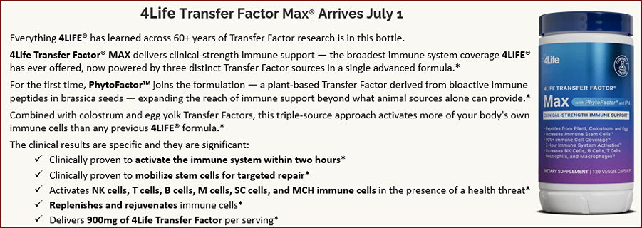 4Life Transfer Factor Max includes four types of 4Life Transfer Factor, each working in a unique way to maximize your immune system: | 4Life Transfer Factor Tri-Factor� Blend – Bioactive immune peptides from cow colostrum, chicken egg yolks, and nano-filtered cow colostrum (animal-based) | PhytoFactor – Bioactive immune peptides from brassica seeds (plant-based) | 4Life Transfer Factor Max Arrives July 1 | 4Life Transfer Factor� Max delivers clinical-strength immune support with 4Life’s most advanced, broadest immune system coverage yet. | This product features 4Life Transfer Factor bioactive immune peptides, including our new plant-based PhytoFactor™—to activate more of your body’s immune cells. 4Life Transfer Factor is clinically proven to activate the immune system within two hours and mobilize immune stem cells for targeted repair. | 4Life Transfer Factor Max also includes ingredients like zinc, vitamins C and D, IP-6, and a Super-Mushroom Blend, all of which optimize and maximize your immune system. | Discover the next generation of daily immune support. | Your immune system can work smarter and faster and feel more complete with 4Life Transfer Factor Max! | Features and Benefits | Powered by 900 mg of 4Life Transfer Factor, including NEW plant-based PhytoFactor™ | Our broadest-spectrum formula yet | Clinically proven to activate the immune system within two hours | Clinically proven to mobilize stem cells for targeted repair | Replenishes and rejuvenates immune cells | Increases NK, T, B, M, SC, and MCH immune cells in the presence of a health threat | Non-GMO | Made in our NSF and cGMP-certified manufacturing facility