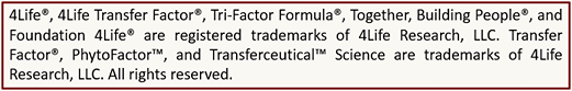 4Life�, 4Life Transfer Factor�, Tri-Factor Formula�, Together, Building People�, and Foundation 4Life� are registered trademarks of 4Life Research, LLC. Transfer Factor�, PhytoFactor™, and Transferceutical™ Science are trademarks of 4Life Research, LLC. All rights reserved.